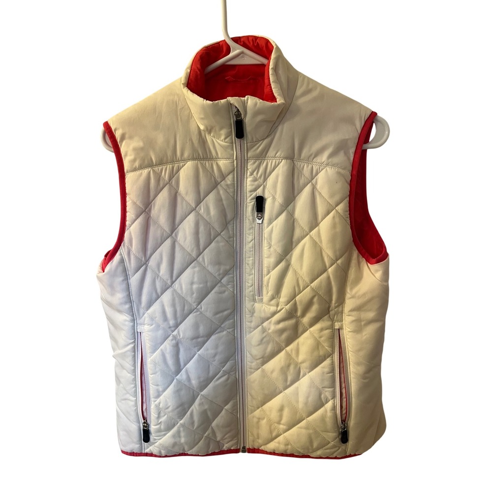 Lands' End Womens Vest Ivory Red Trim Diamond Quilted PrimaLoft Full Zip Size S